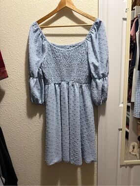 Light Blue Smocked Puff Sleeve Dress